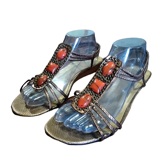 Fashion Bug Sandals 10 Synthetic Upper Fabric Outer Gladiator Slingback Gold Gem - Picture 1 of 5